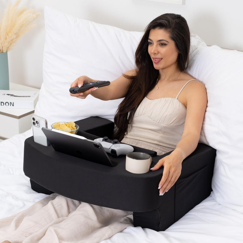 TabCouchCaddy Reading Pillow for Gaming - Extra Large Lap Desk & Arm Rest with Cup & Phone Holder  Adjustable Heights  Laptop Support  Large Pockets - Comfortable for Work  Gaming & Crocheting (Black) - Image 1